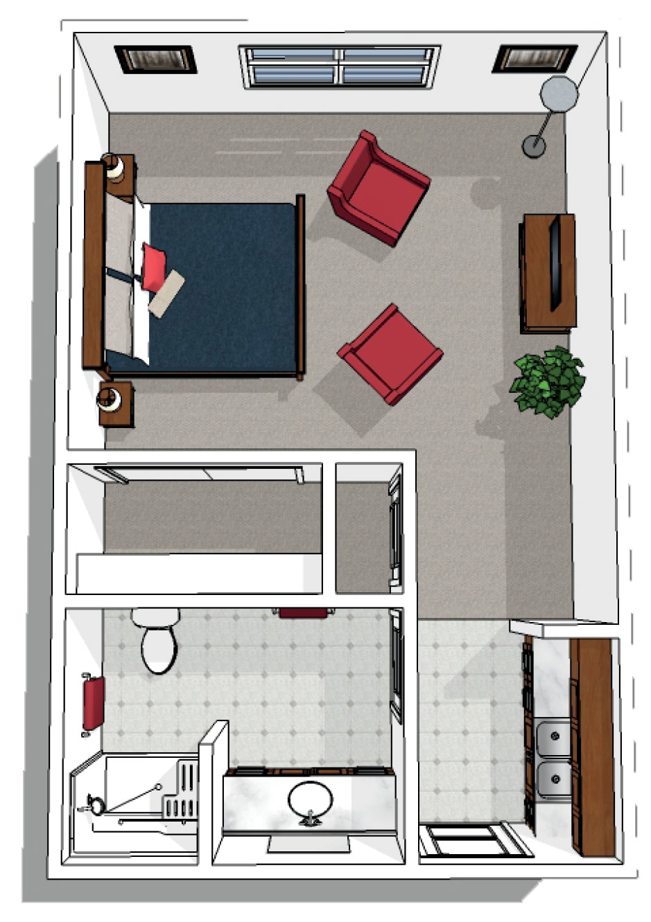 A floor plan of a one-bedroom apartment featuring a bedroom, living area with chairs, kitchen, and bathroom.