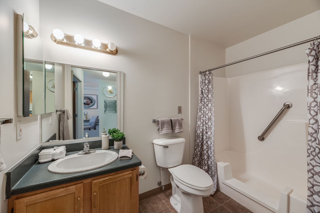 A modern bathroom featuring a shower area with a patterned curtain, a toilet, and a vanity with a mirror and sink.