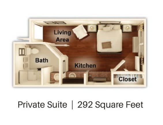 A 292 square feet private suite floor plan featuring a living area, kitchen, bath, and closet.