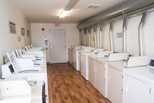 A row of washing machines and dryers in a clean laundromat.