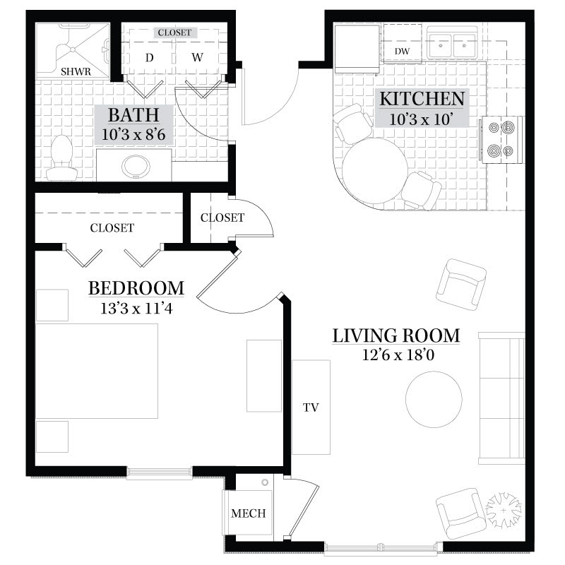 A floor plan of a one-bedroom apartment with labeled rooms including a living room, kitchen, bathroom, and closets.