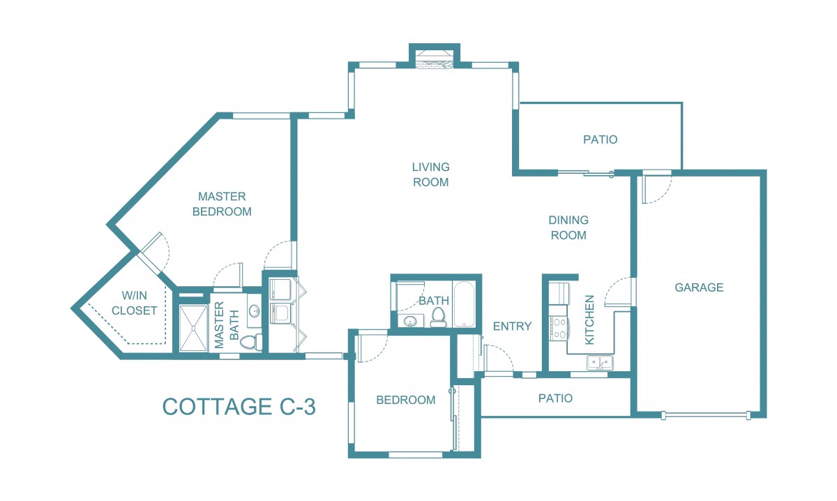 Floor plan of a cottage with designated rooms and spaces.