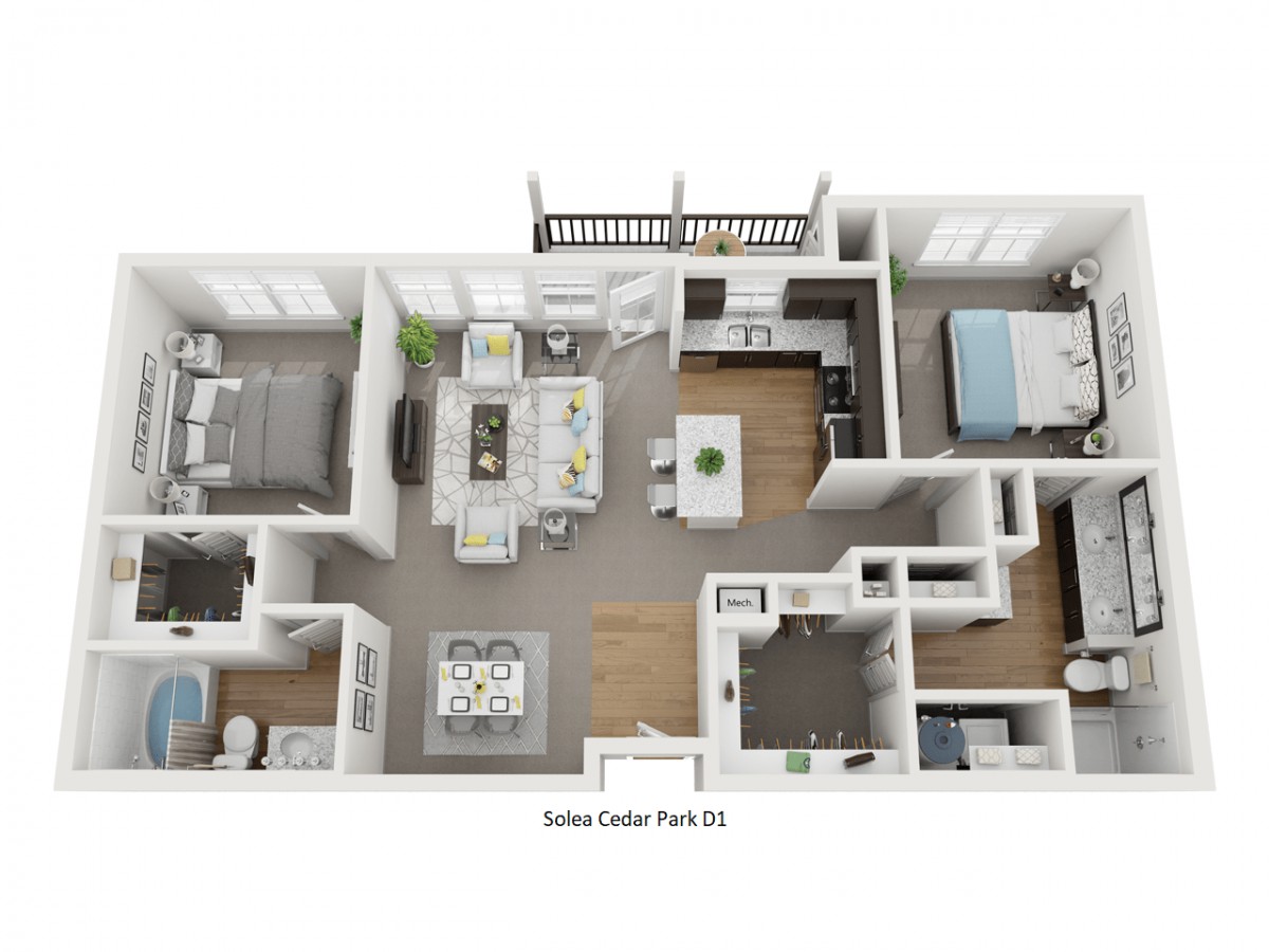 3D floor plan of a modern apartment with two bedrooms, a kitchen, and a living area.