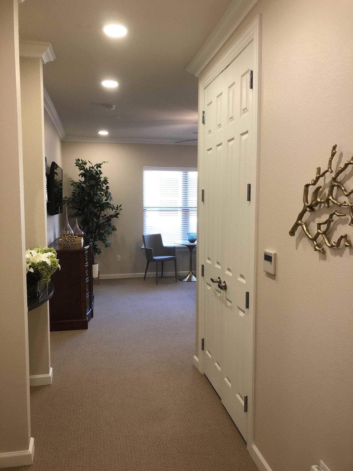 A well-lit hallway with office decor and a window at the end.