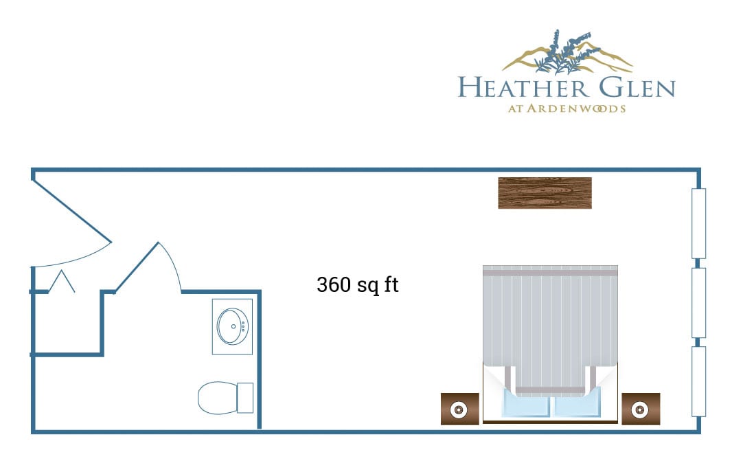 A simple floor plan of a living space measuring 360 square feet, featuring a bathroom and bed area.