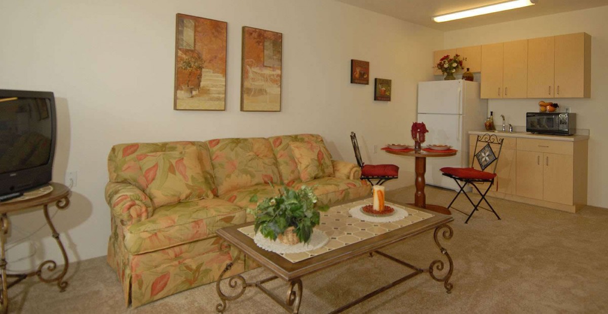 A cozy living room featuring a floral-patterned sofa, decorative artwork, and a coffee table with a plant.
