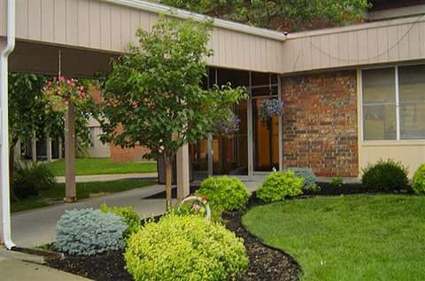 A well-maintained garden area featuring a variety of plants and a tree alongside a building entrance.