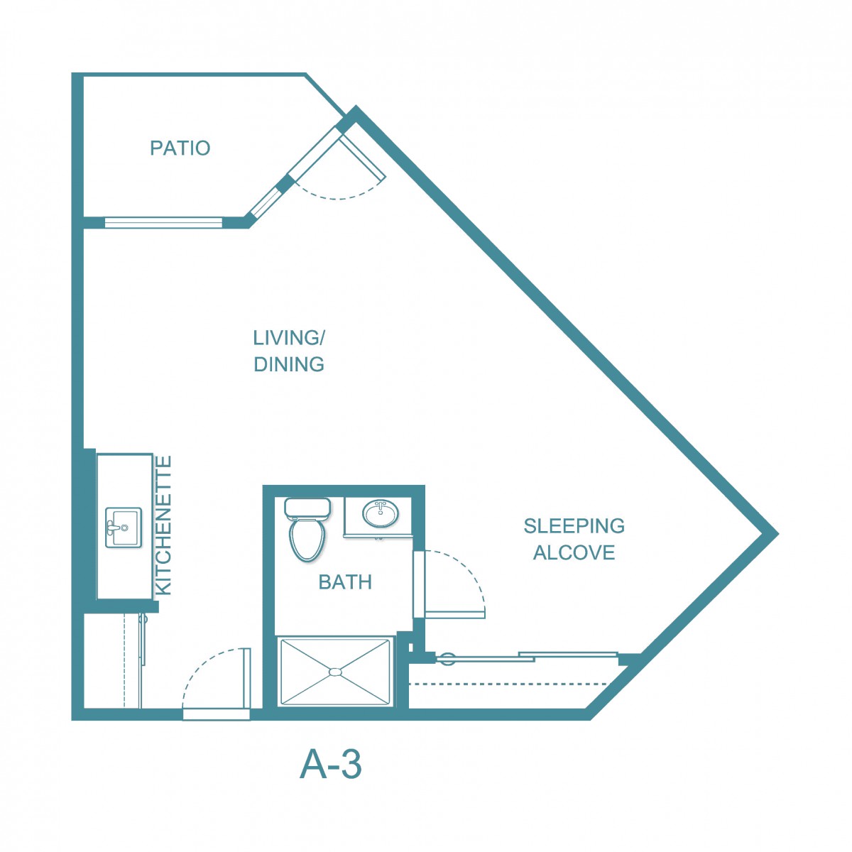 Floor plan of an apartment unit labeled A-3, featuring a living/dining area, kitchen, bathroom, sleeping alcove, and patio.