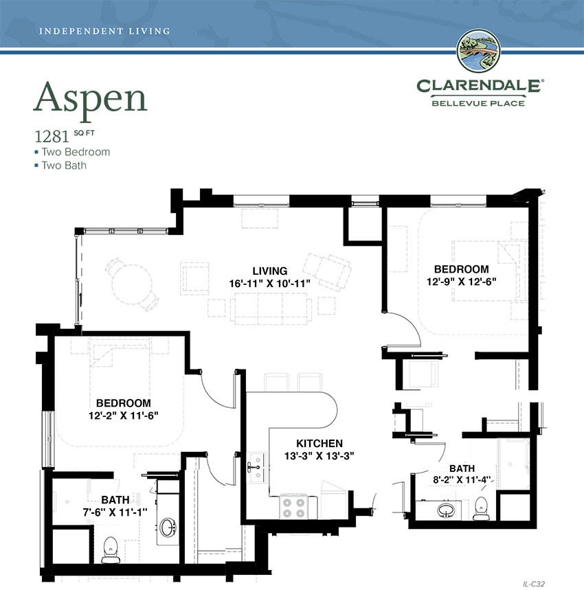 Floor plan of the Aspen model apartment featuring two bedrooms, a living room, kitchen, and bathroom.
