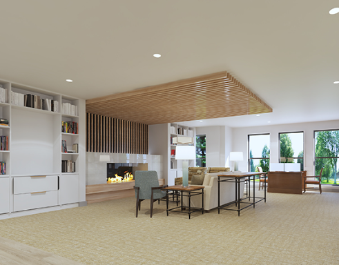 A contemporary living room featuring a cozy fireplace and elegant wood accents, providing a bright and welcoming atmosphere.