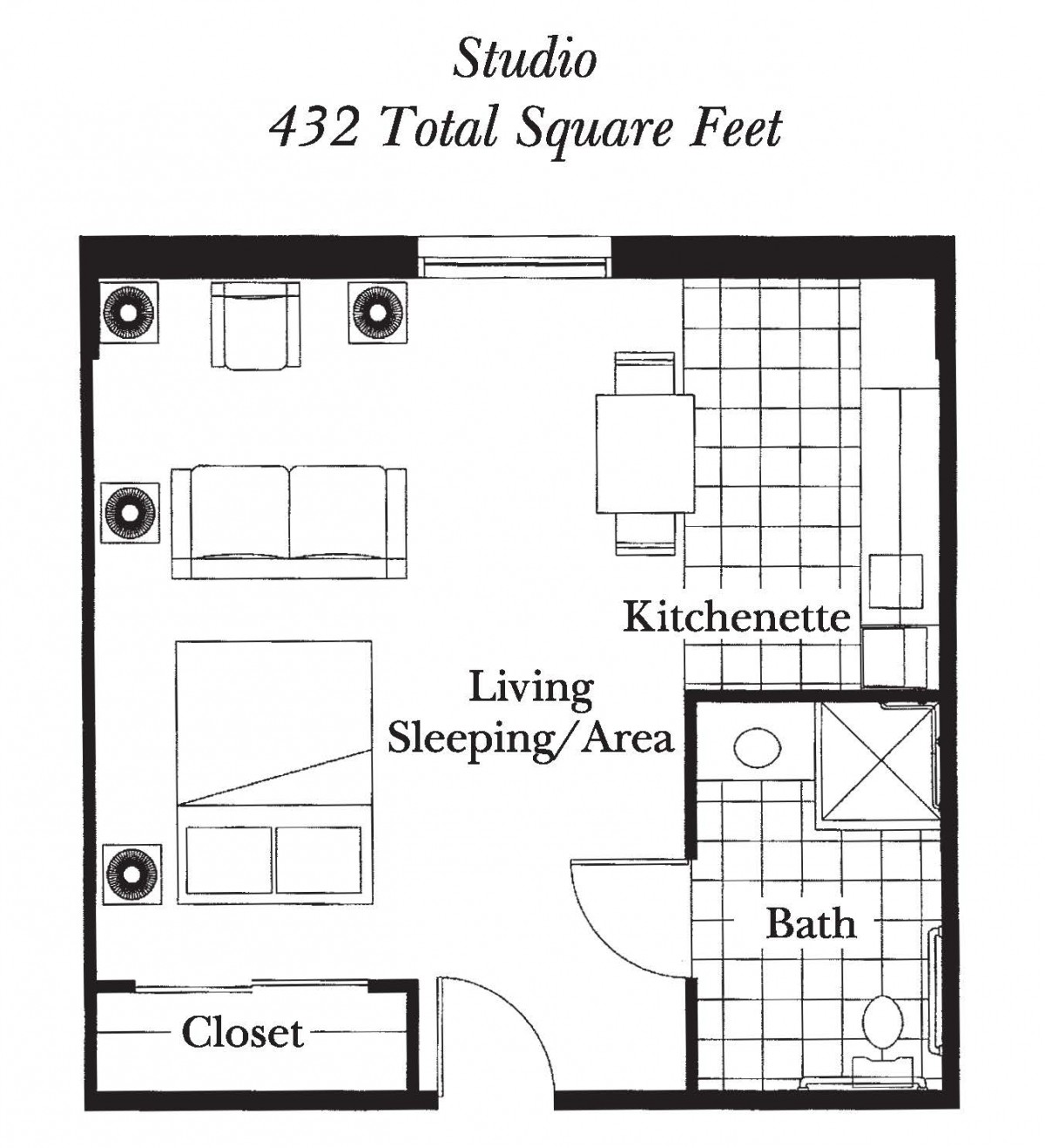 Floor plan of a 432 square foot studio apartment with living/sleeping area, kitchenette, bathroom, and closet.