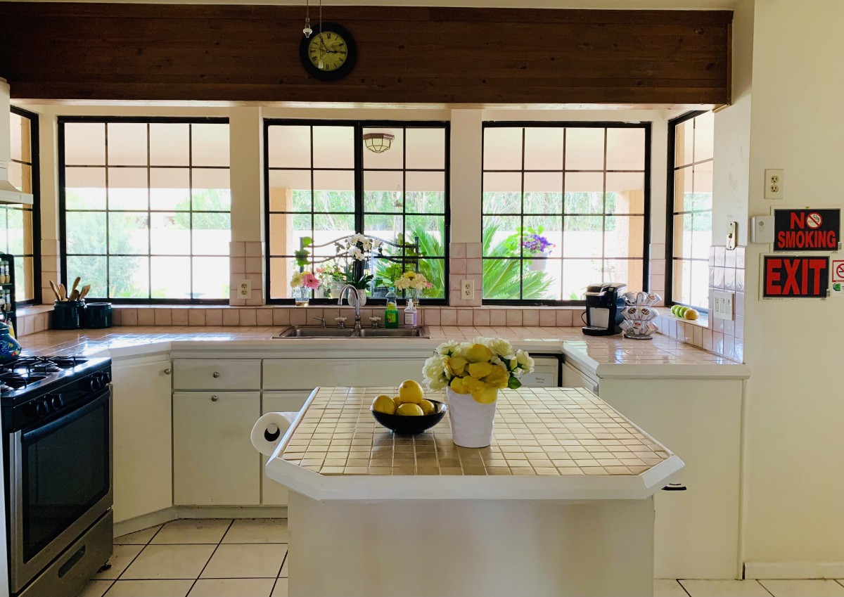 A bright and modern kitchen with a central island, large windows, and decorative plants.