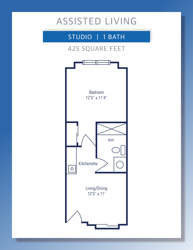 Floor plan of a studio apartment with one bathroom, totaling 425 square feet.