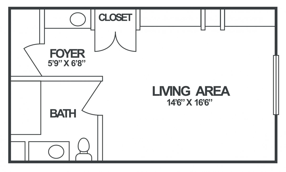 A section of a floor plan featuring a foyer, closet, living area, and bathroom.