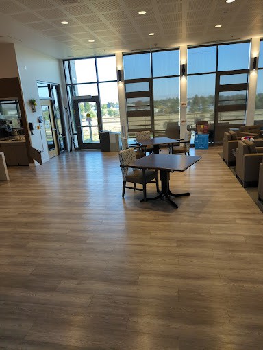 A modern, spacious interior with wooden flooring and large windows letting in natural light.