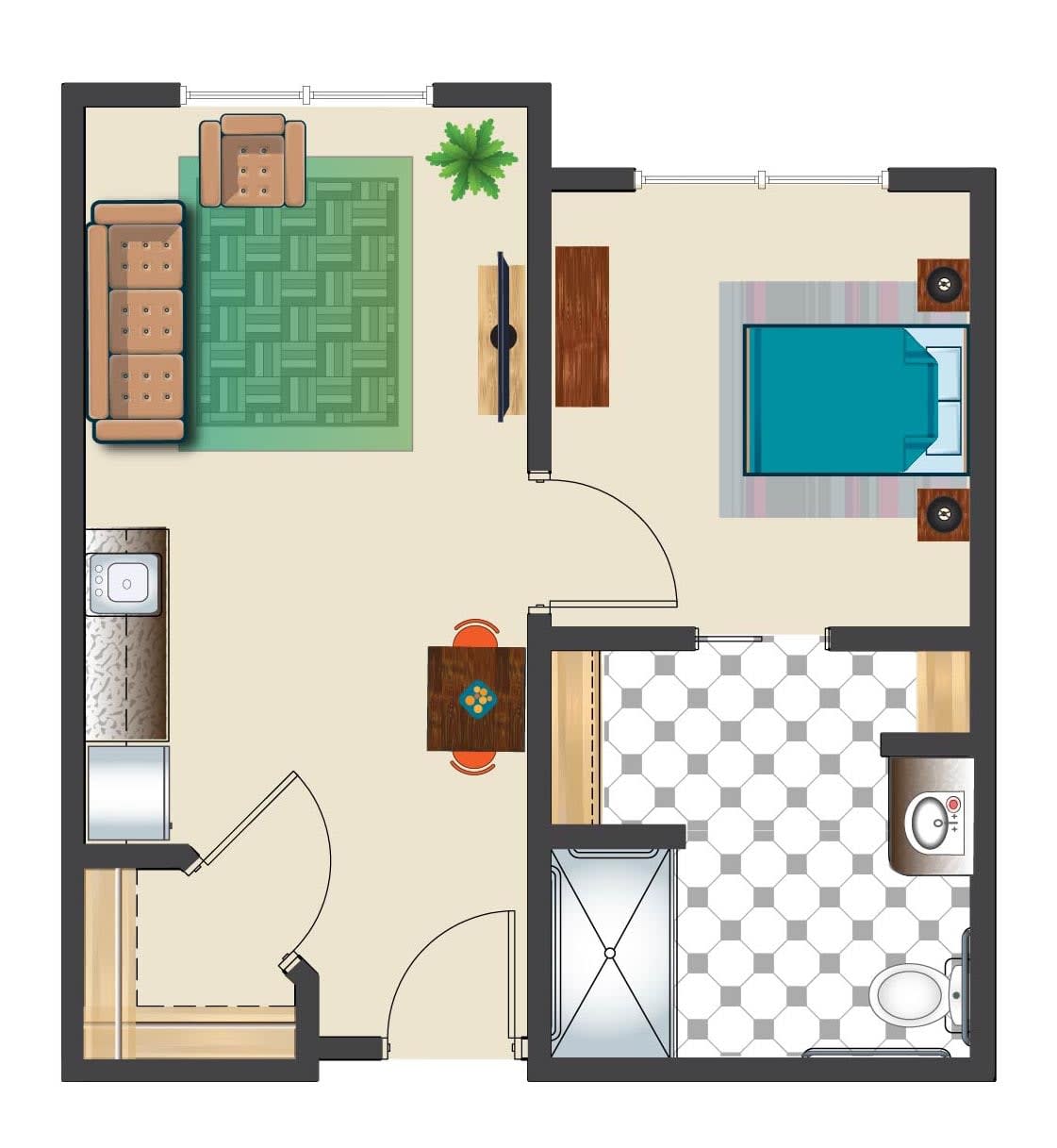 A simple apartment floor plan featuring a bedroom, living room, kitchen, and bathroom.