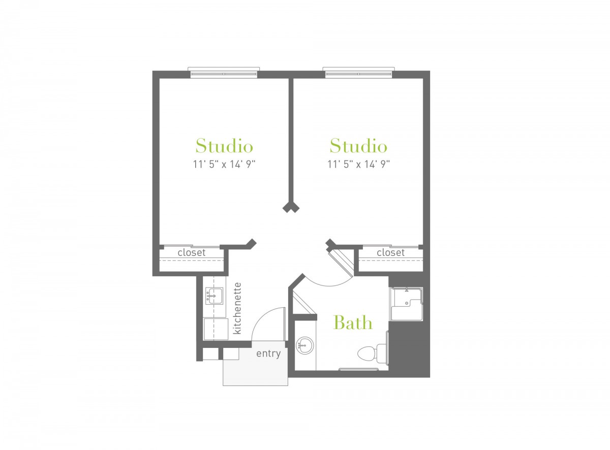 Studio apartment floor plan with two rooms and a bathroom.