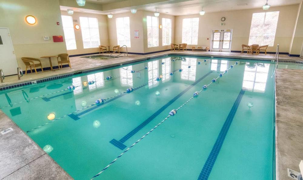 An empty indoor swimming pool with lanes and bright windows.