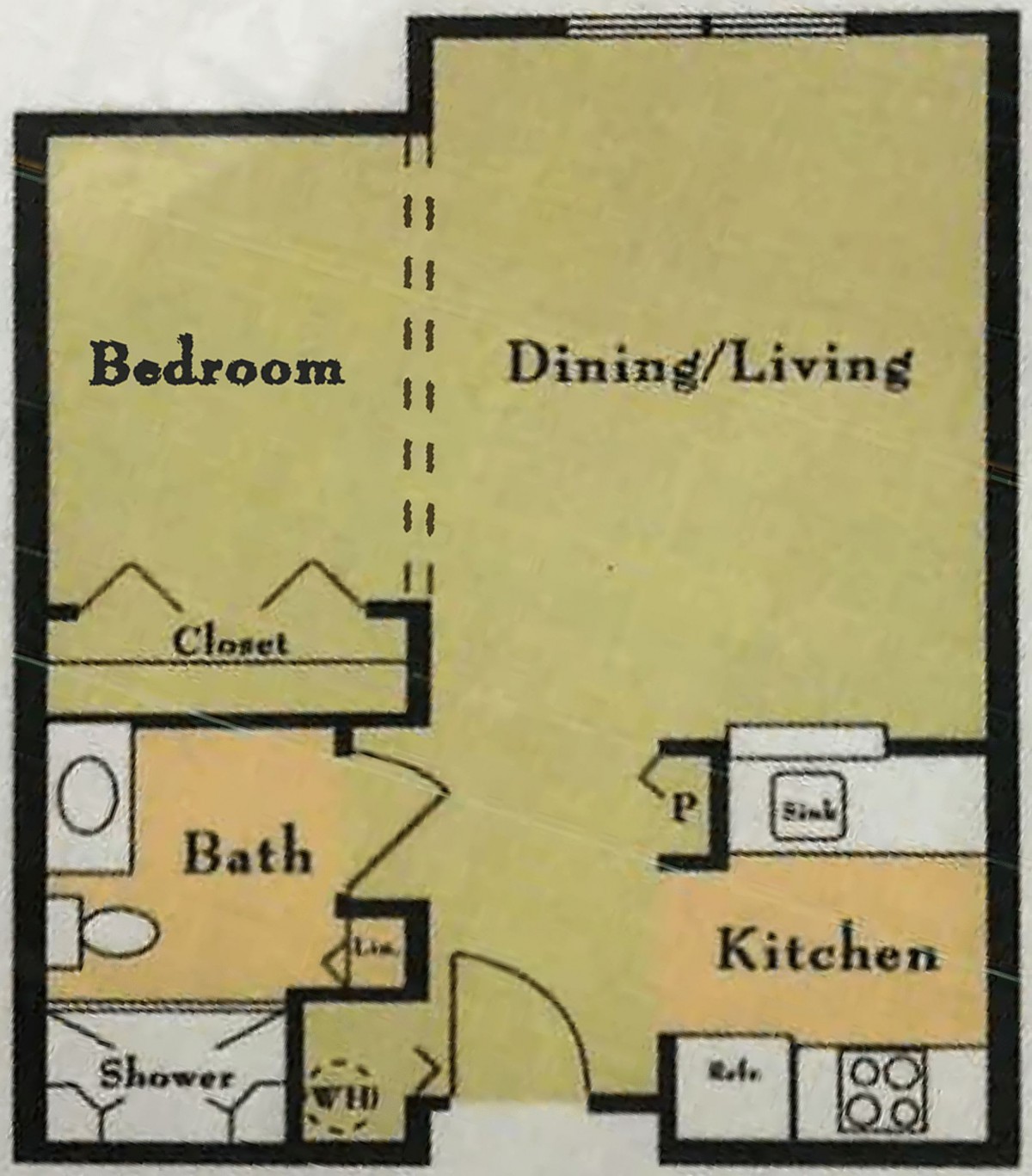 A floor plan of a one-bedroom apartment featuring a combined dining/living area, kitchen, bathroom, and closet space.