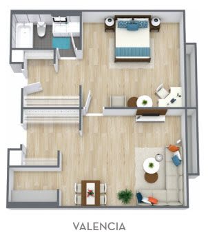 A 3D floor plan of an apartment featuring a bedroom, living room, bathroom, and kitchen.