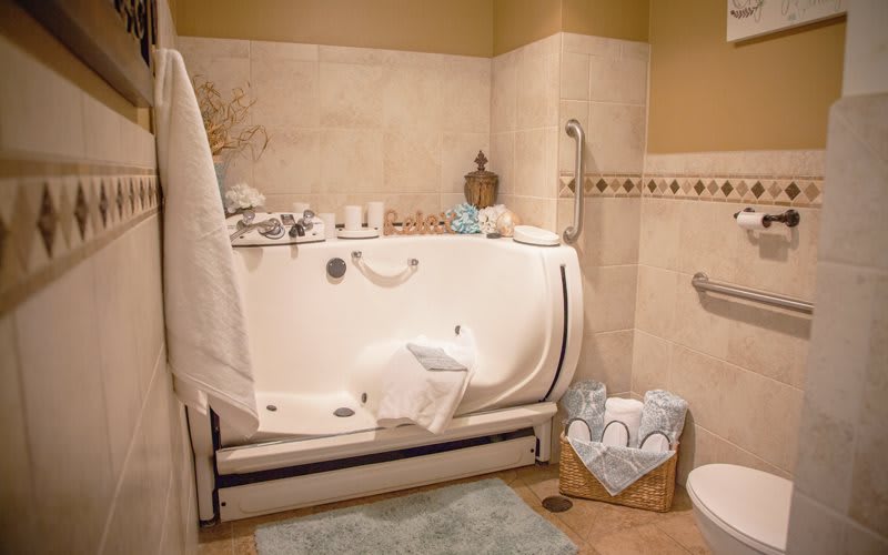 A luxurious bathroom featuring a walk-in bathtub equipped with safety handles, surrounded by elegant decor and neatly arranged towels.