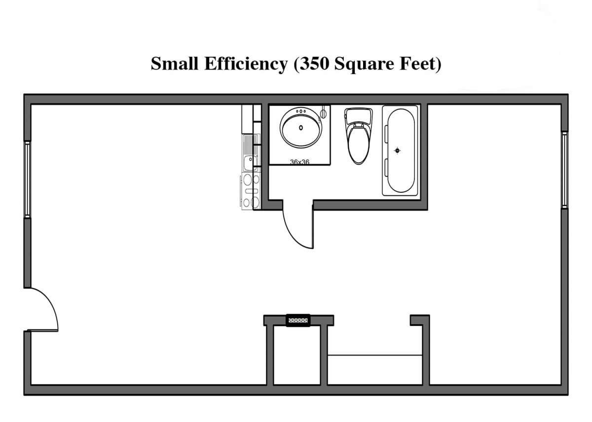 A floor plan of a small efficiency apartment measuring 350 square feet.