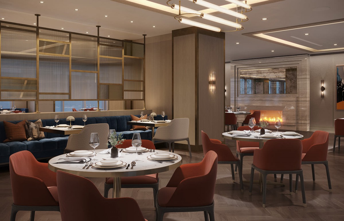A modern restaurant interior with elegant dining settings.