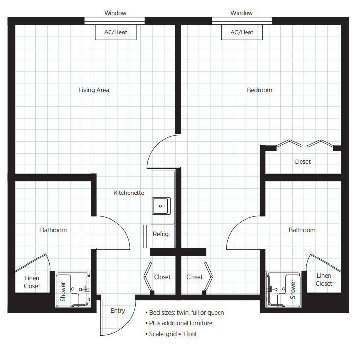 A detailed floor plan of an apartment featuring a living room, bedroom, kitchen, and bathroom.