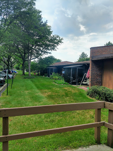 A serene residential area with well-maintained grass and trees, illustrating a peaceful outdoor setting.