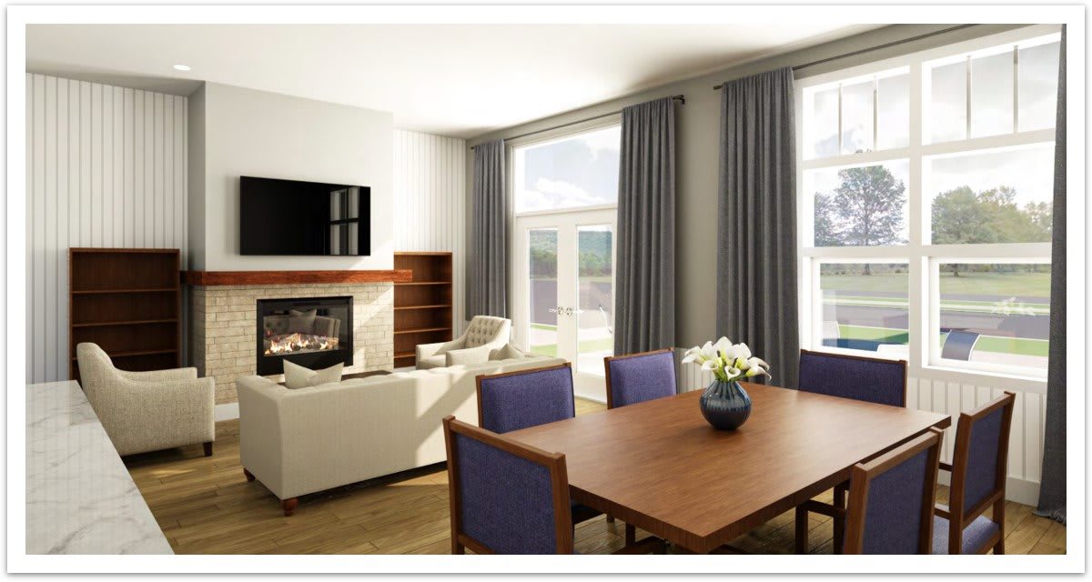 A modern living room with a dining area, featuring a fireplace and large windows adorned with curtains.