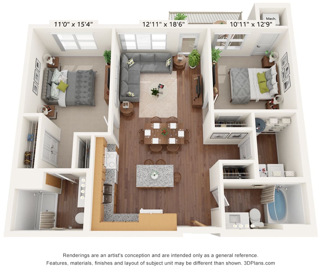 A 3D floor plan of a two-bedroom apartment with a kitchen, living area, and two bathrooms.