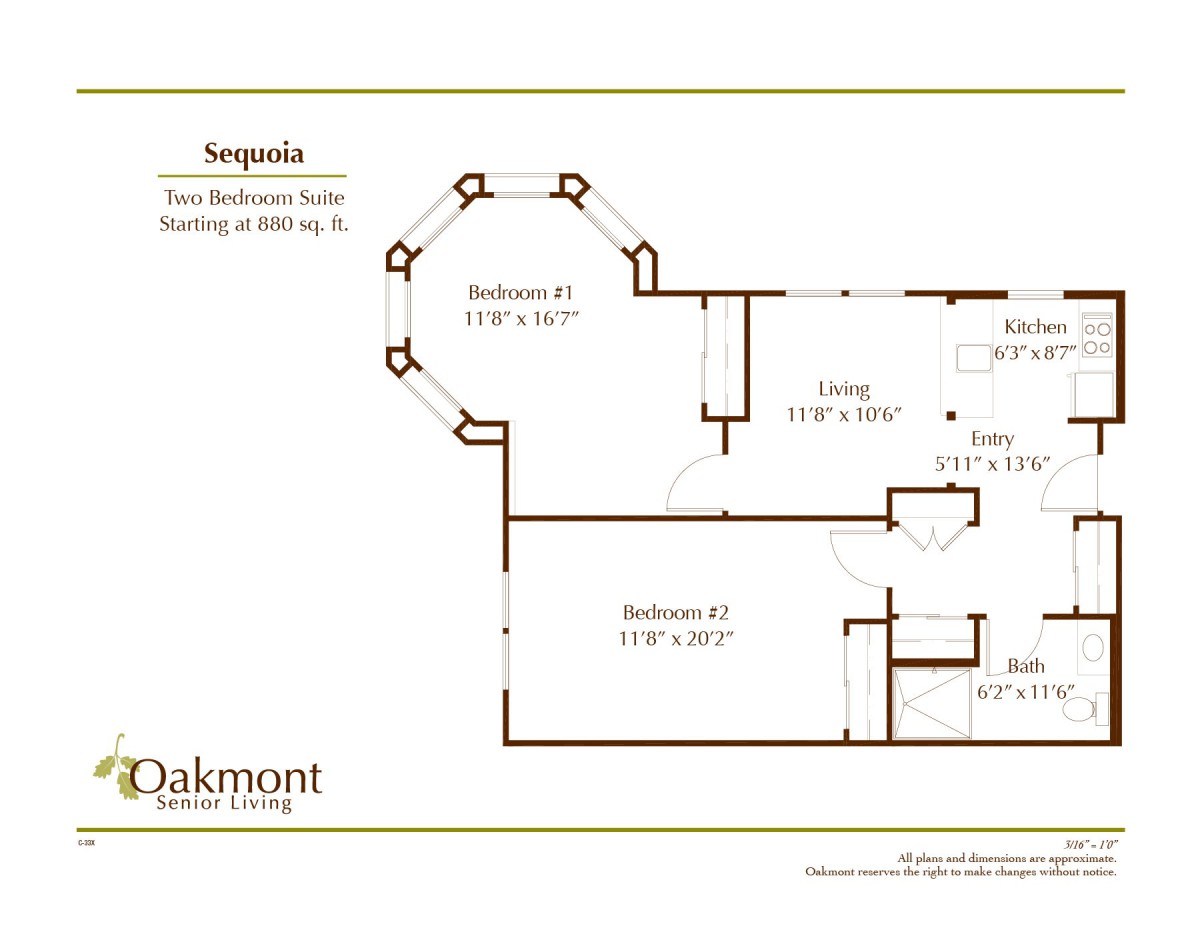 Floor plan of a two-bedroom suite from Oakmont Senior Living.
