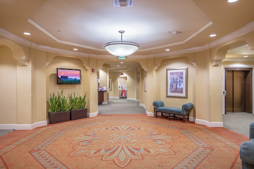 A well-lit hotel hallway featuring decorative elements, potted plants, and comfortable seating.