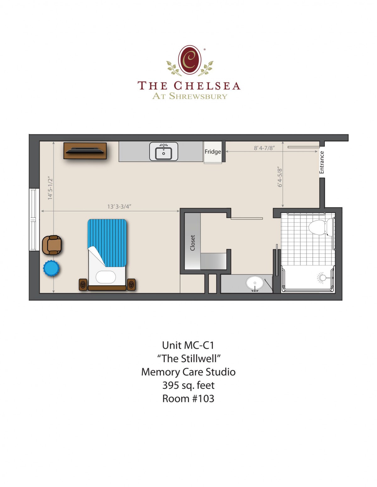 Floor plan of a memory care studio at The Chelsea.