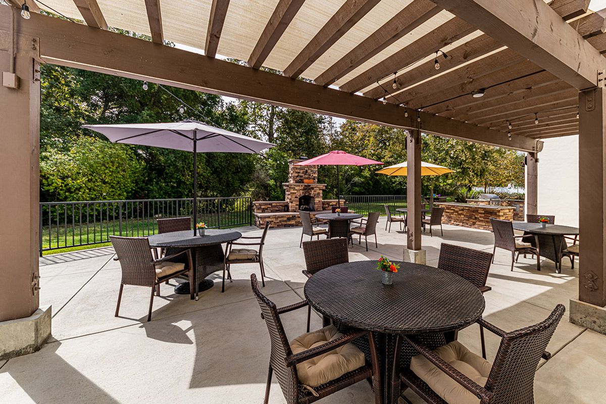 An outdoor patio area with tables and chairs under a pergola, surrounded by colorful umbrellas and greenery.