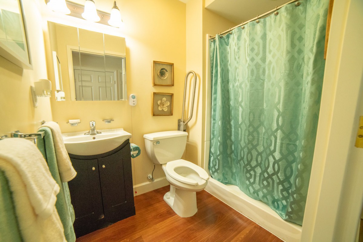 A cozy bathroom with a sink, toilet, and shower curtain.