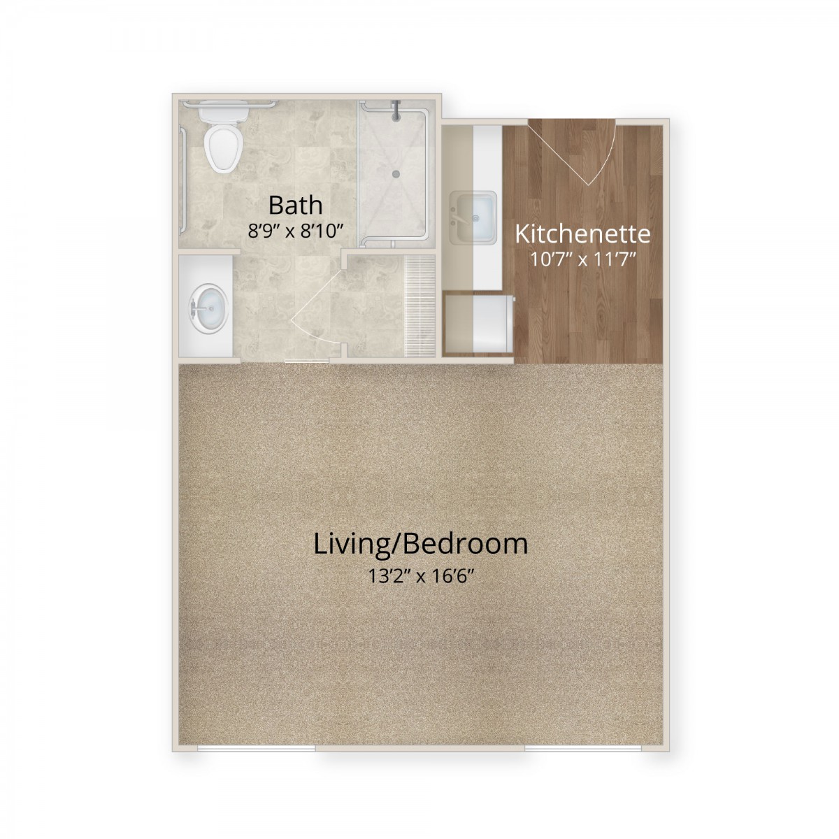 Floor plan of a small apartment with labeled areas for bath, kitchen/pantry, and living/bedroom.