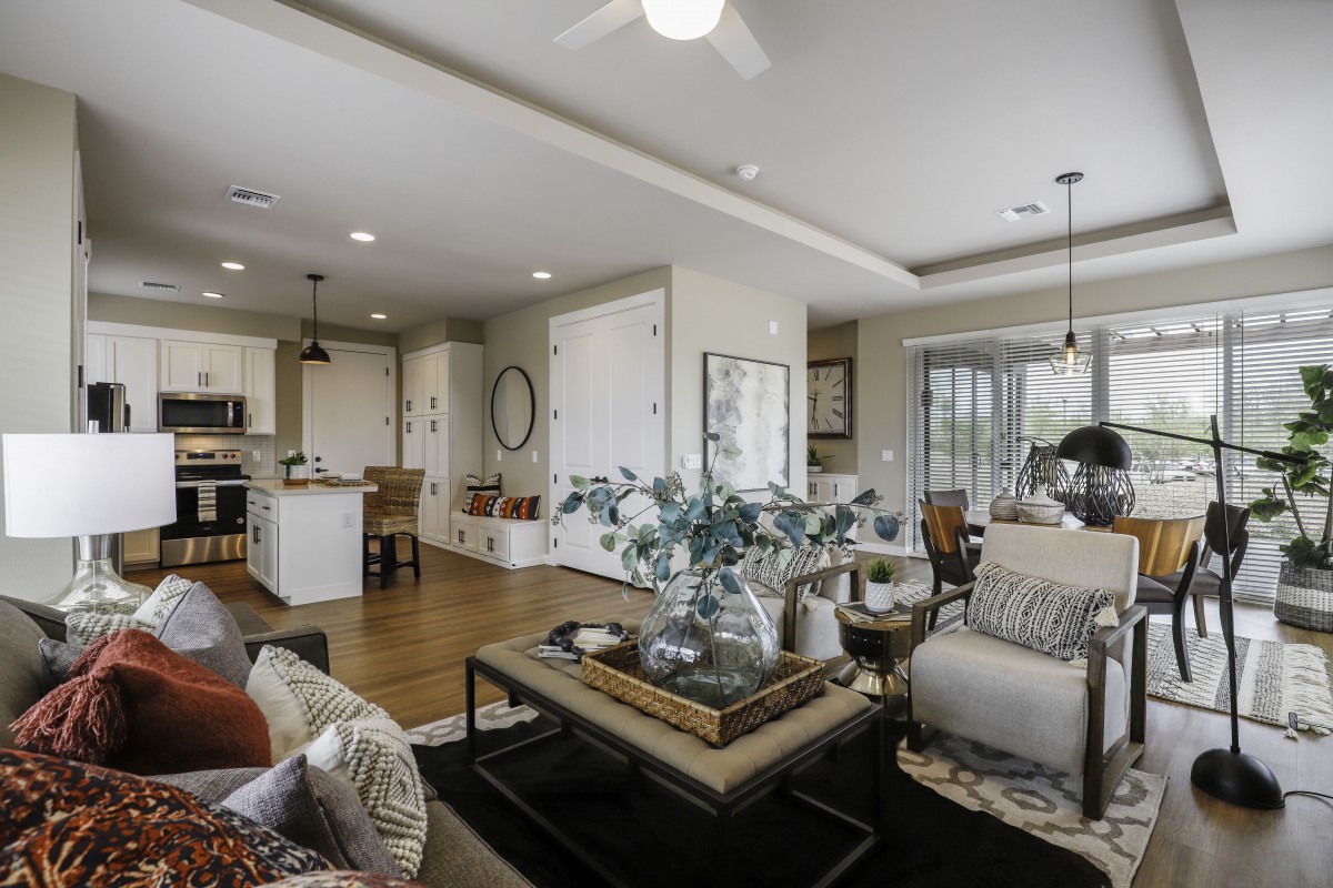 A spacious open floor plan connecting a modern living room and kitchen with stylish decor.
