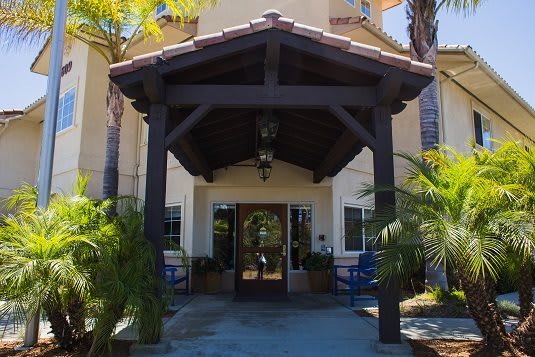 A building entrance with a wooden awning and surrounding palm trees.