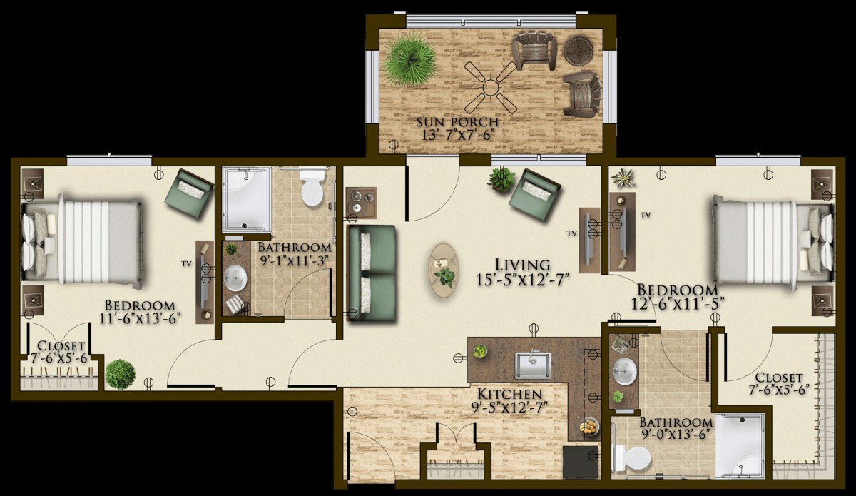 A detailed floor plan showing a two-bedroom apartment with a living room, kitchen, and bathroom.