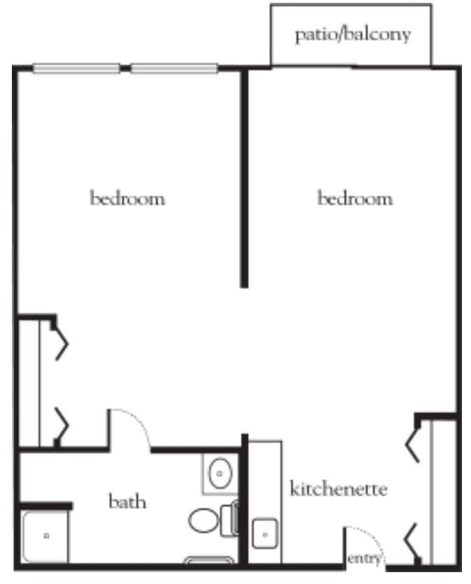 A simple two-bedroom apartment floor plan with a kitchenette and bathroom.