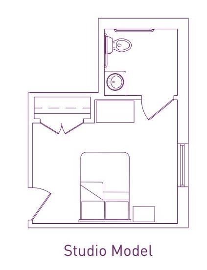 A simple floor plan of a studio apartment with a bathroom and closet.