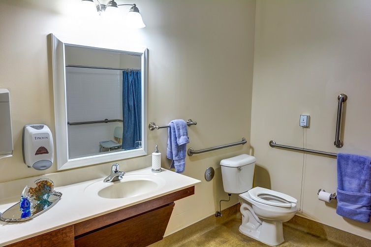 A clean and accessible bathroom with a sink, toilet, and mirror.