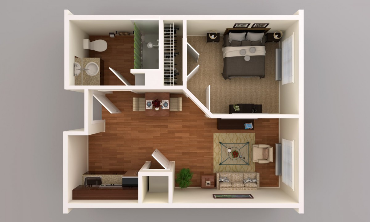 A top-down view of a one-bedroom apartment floor plan, featuring living room, kitchen, bedroom, and bathroom.