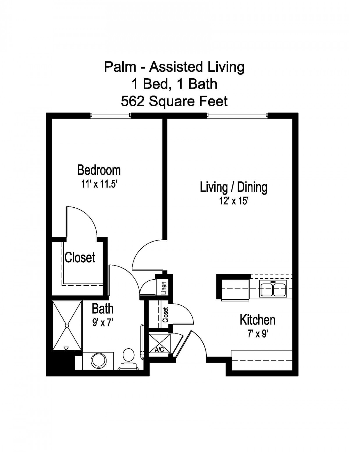 Floor plan of a Palm - Assisted Living unit with 1 bed, 1 bath, covering 552 square feet.