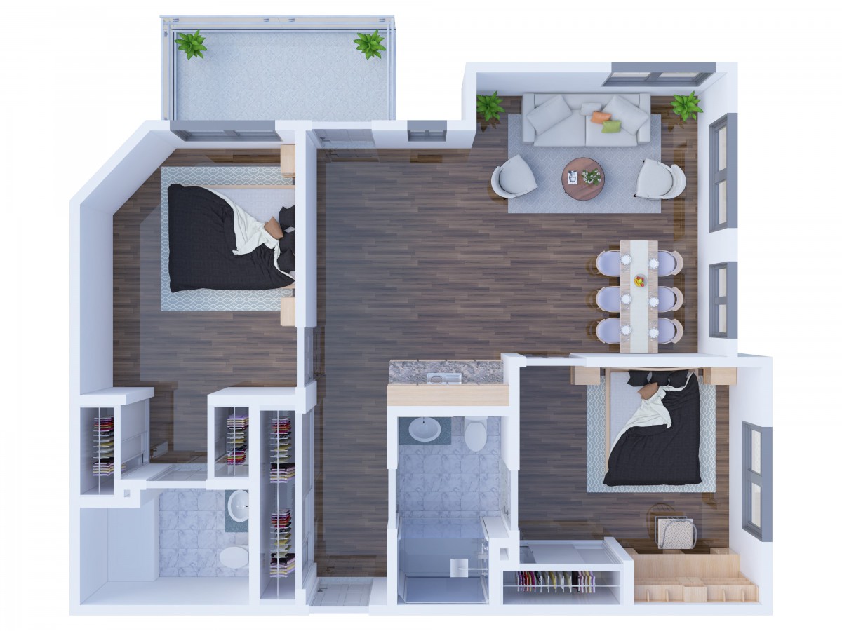A detailed floor plan of a modern two-bedroom apartment with an open living and dining area.