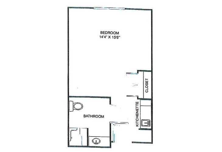A simple floor plan of a small apartment featuring a bedroom, bathroom, and closets.