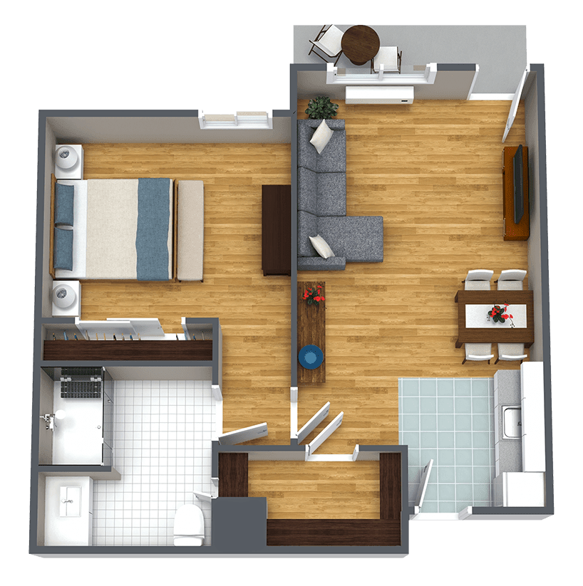 3D floor plan of a modern apartment featuring a living room, bedroom, and kitchen.