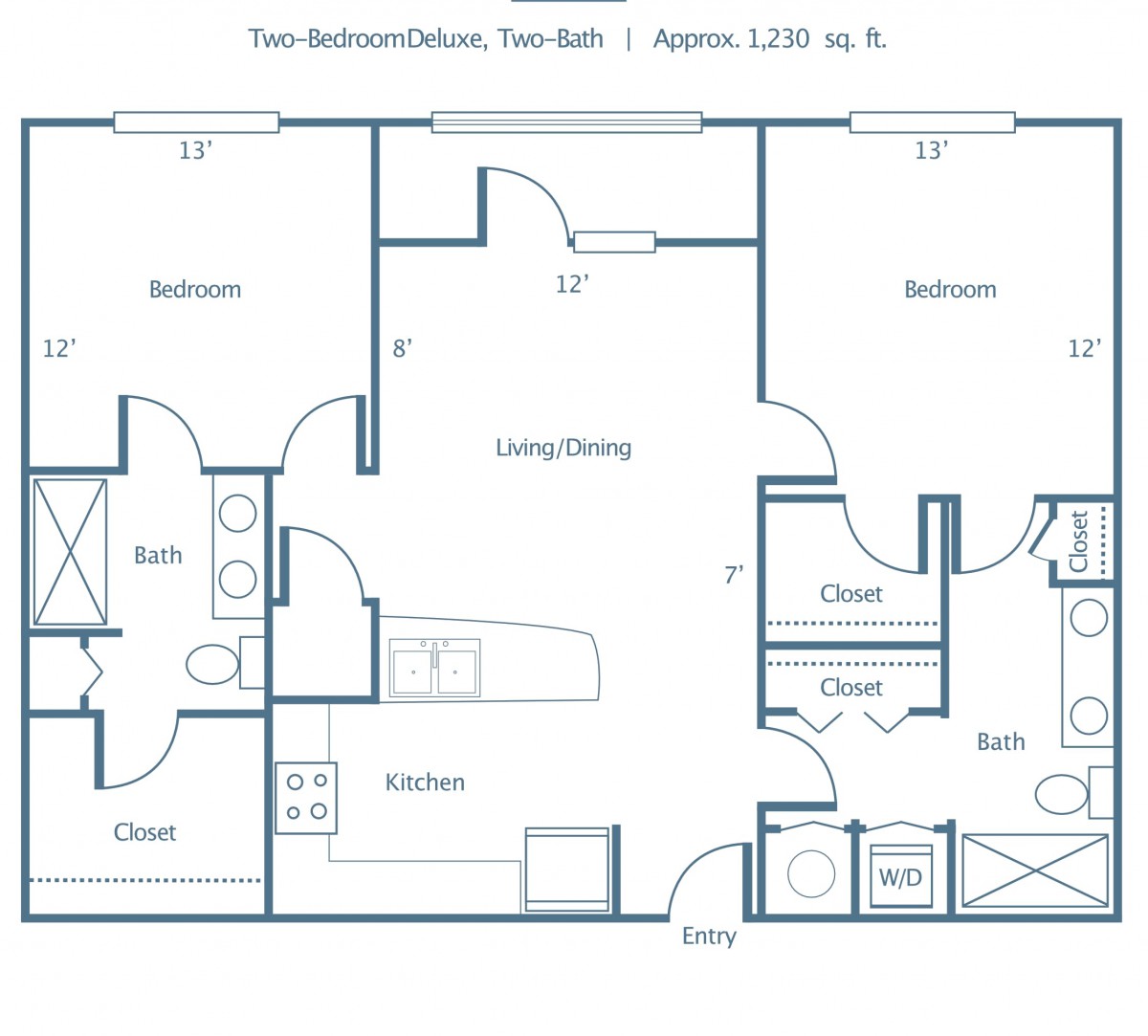 A floor plan of a two-bedroom, two-bathroom apartment with an open living and dining area.