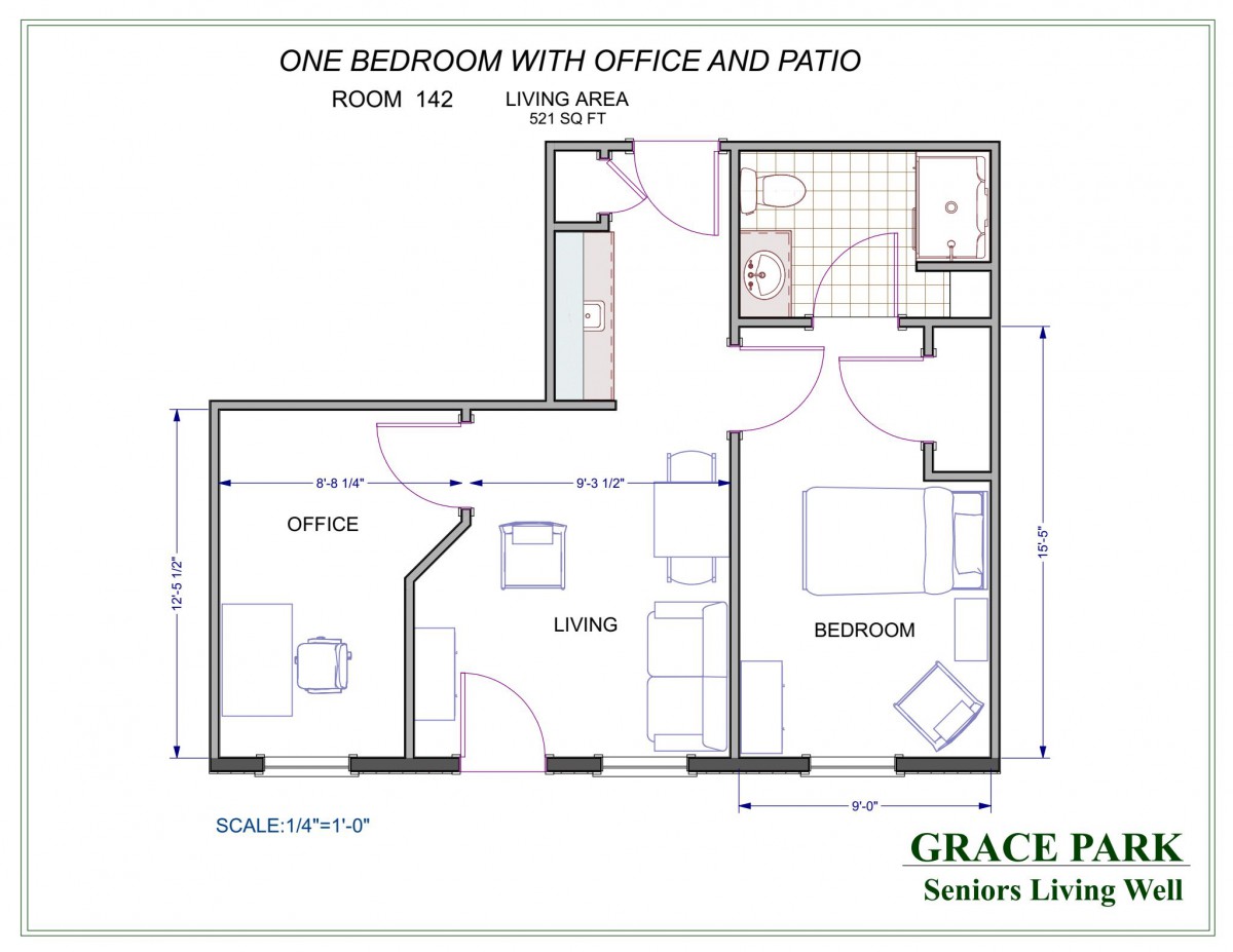 Floor plan of a one-bedroom unit with an office and patio.